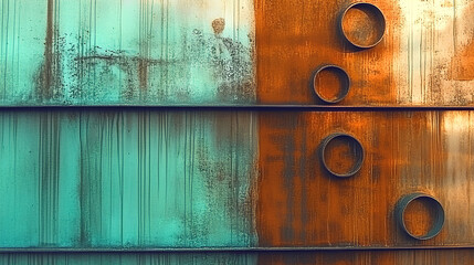 Abstract composition of turquoise and rusty orange textures with circular elements on weathered...