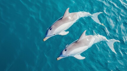 Obraz premium Two dolphins swimming together in the ocean.