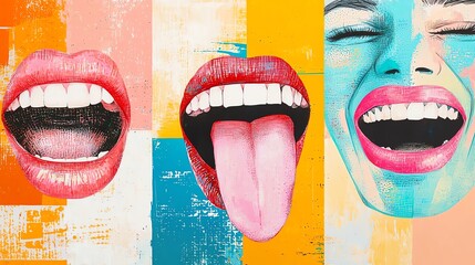 Vibrant abstract art featuring expressive mouths and joyful expressions.