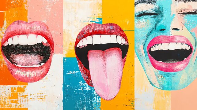 Vibrant abstract art featuring expressive mouths and joyful expressions.