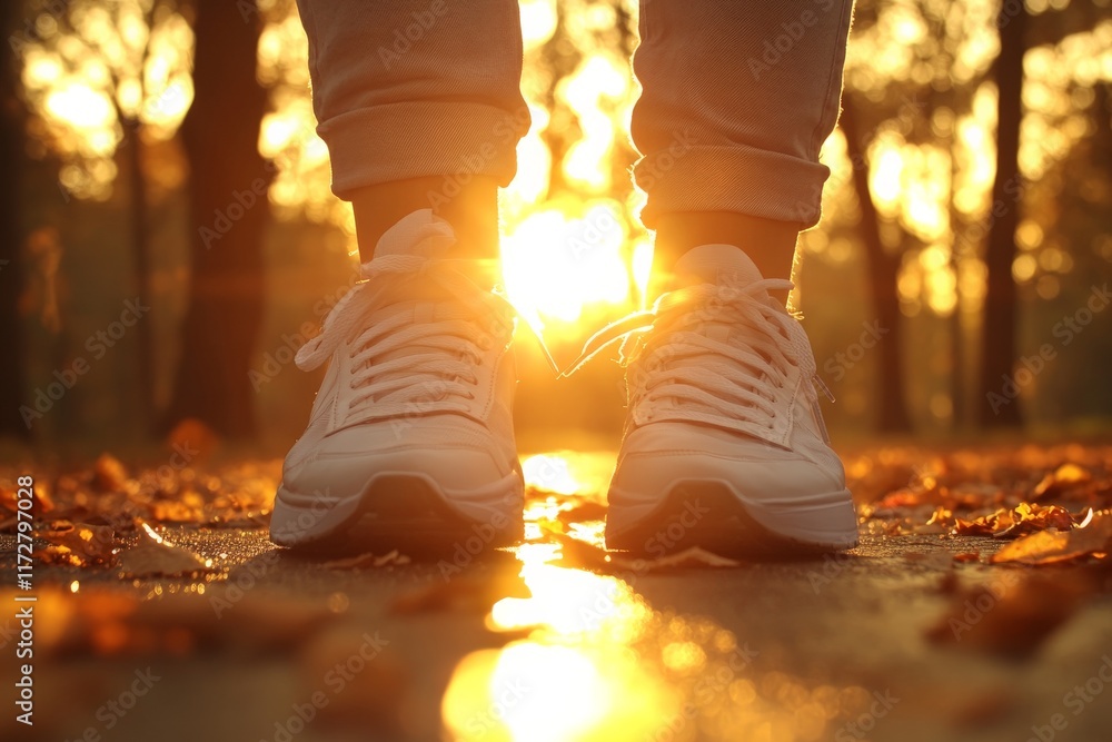 Wall mural Bright sunset illuminates white sneakers on a path surrounded by autumn leaves