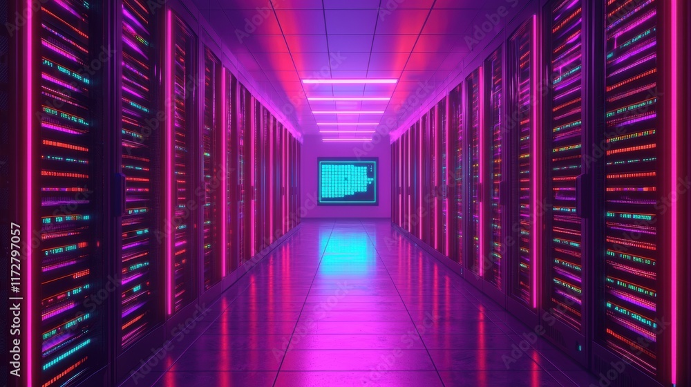 Poster neon futuristic data center with server racks and digital display