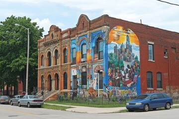 Fototapeta premium Vibrant mural adorns historic brick buildings on a city street.