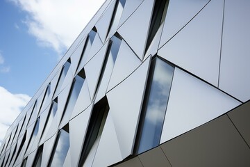Modern building exterior with triangular metallic panels and windows reflecting the blue sky creates a futuristic architectural design