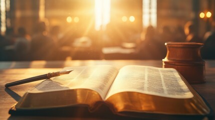 A golden book lies open on a table with a pen beside it, illuminated by warm sunlight in a serene, contemplative setting.