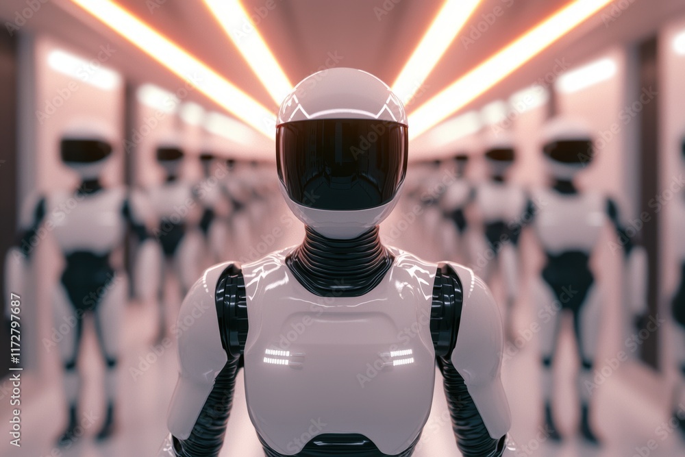 Poster futuristic humanoid robots in a high-tech environment with neon lights