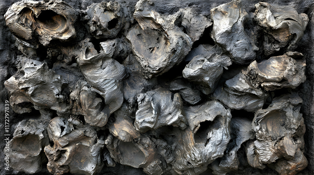 Aufkleber abstract art featuring a textured composition of dark, metallic, rock-like forms, creating a dramati