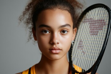 Young female tennis player poses confidently with racquet in hand, showcasing determination and focus