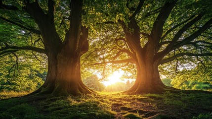 Fototapeta premium Majestic tree standing tall under the golden sunlight in a serene forest during the early morning hours