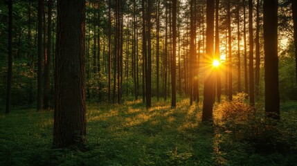 Obraz premium Majestic tree standing tall under the golden sunlight in a serene forest during the early morning hours