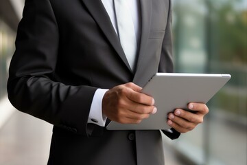 Businessman navigating on a digital tablet, working in a corporate environment
