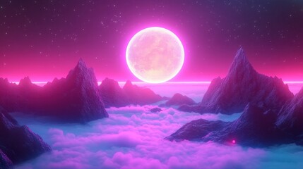 Vibrant mountain landscape with two moons glowing over colorful mist and surreal sky