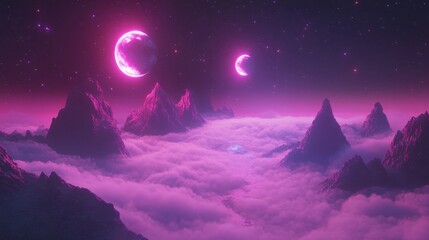 Obraz premium Vibrant mountain landscape with two moons glowing over colorful mist and surreal sky