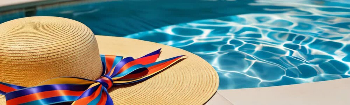 Straw hat with a colorful rainbow ribbon on the edge of a pool, Travel and vacation concept. Copy space for text banner
