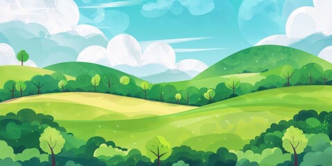Fototapeta premium A digital illustration depicting a tranquil green landscape with rolling hills, and white clouds