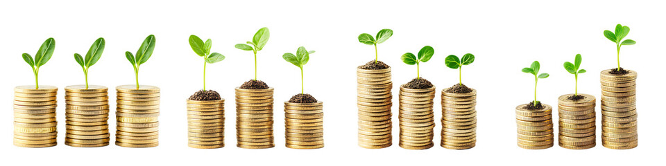 Set of three stacks of golden coins with green sprouts, isolated on a transparent background.