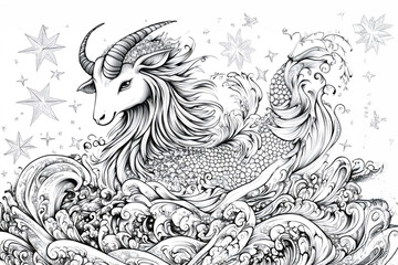 Intricate coloring page featuring capricorn sea goat with stars and ocean waves, perfect for zodiac enthusiasts and coloring book printing