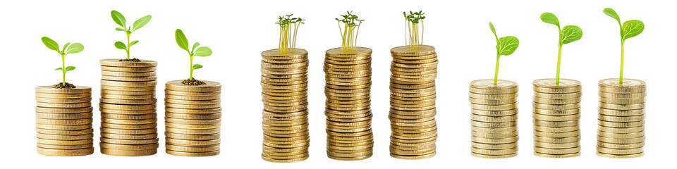 Set of three stacks of golden coins with green sprouts, isolated on a transparent background.