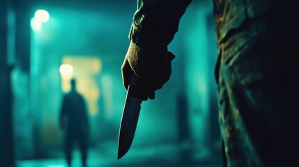 Hand gripping a wet knife illuminated by dark surroundings during a rainy night in an urban setting