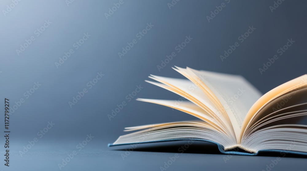 Poster an open book lies on a surface, showcasing its pages against a soft, gradient background, emphasizin