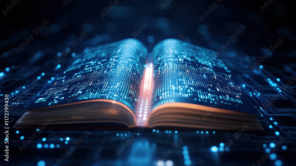 Poster an open book with glowing, digital data elements, symbolizing the fusion of knowledge and technology