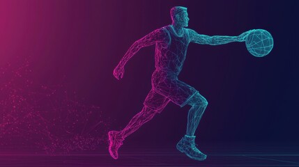 Abstract Wireframe Basketball Player Dribbling Neon Gradient Background