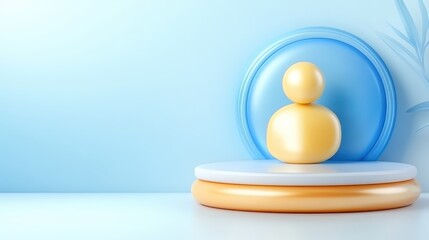 Yellow figure encased in a blue glass dome, captivating display of art and design