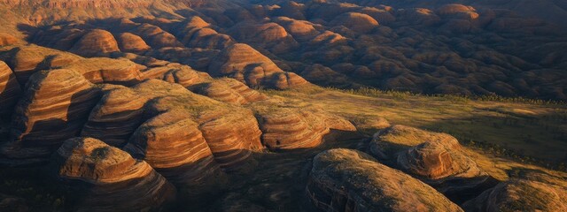An epic aerial perspective of the Bungle Bungle Range in Purnululu National Park, Australia, showcasing its striped sandstone domes at sunrise
