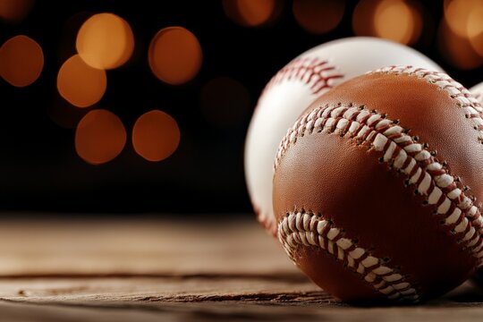 Close-up view of baseballs on wooden surface with warm bokeh background in the evening light