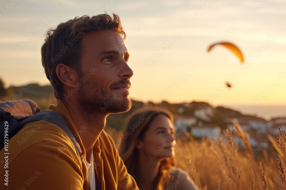 Poster couple enjoying sunset while relaxing in field with paragliding activity in the background