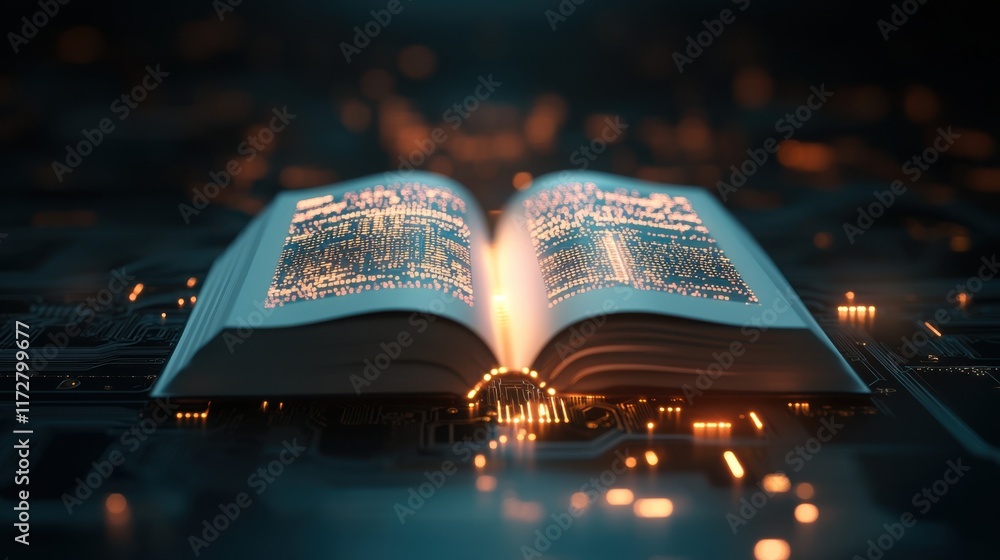 Poster an illuminated book rests on a digital surface, symbolizing the fusion of knowledge and technology i