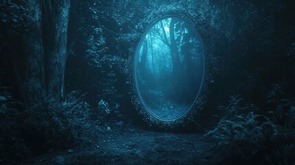 Fototapeta premium Mysterious enchanted mirror in a dark forest surrounded by dense foliage and mist