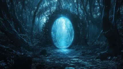 Fototapeta premium Mysterious enchanted mirror in a dark forest surrounded by dense foliage and mist