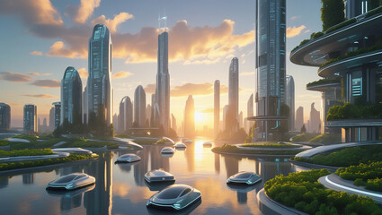 Obraz premium Futuristic Cityscape at Sunrise with Floating Vehicles and Vertical Gardens in a Clean Sci-Fi Metropolis.