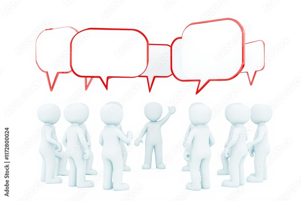 Poster white 3d figures in a group with raised hands, surrounded by red-bordered blank speech bubbles on a 