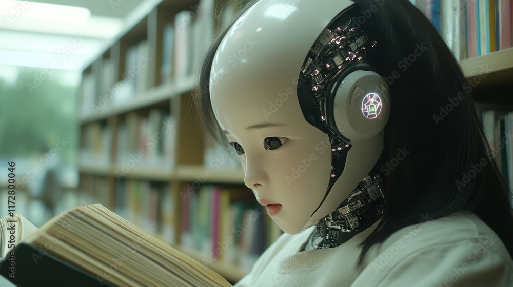Poster a humanoid robot with a sleek design reads a book in a library, blending technology and knowledge in
