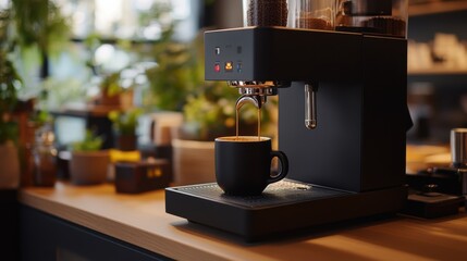 A sleek espresso machine brews coffee into a black cup, surrounded by greenery, on a wooden countertop in a cozy cafe setting.