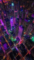 Night city skyline, vibrant lights illuminating towering skyscrapers. Aerial view of urban metropolis.