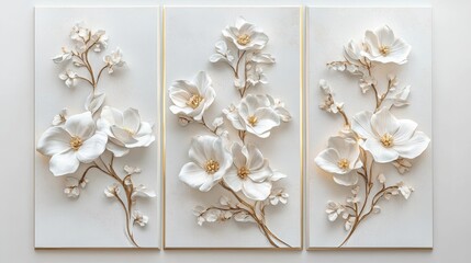 Beautiful white floral wall art displayed in a modern living room with warm lighting