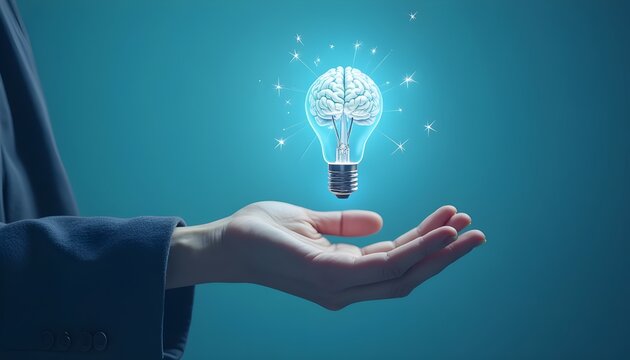 A hand and the glowing lightbulb symbolizing the human mind's capacity for innovation and discovery.