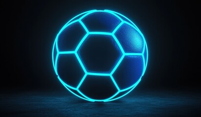 Fototapeta premium Neon Blue Soccer Ball on Dark Background with Glowing Effects