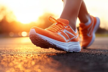 Naklejka premium Bright orange running shoes on a sunny evening during a fitness routine on a paved path