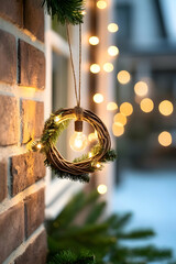Festive twig wreath with lights illuminates brick house exterior at night; cozy winter scene ideal for holiday cards and websites