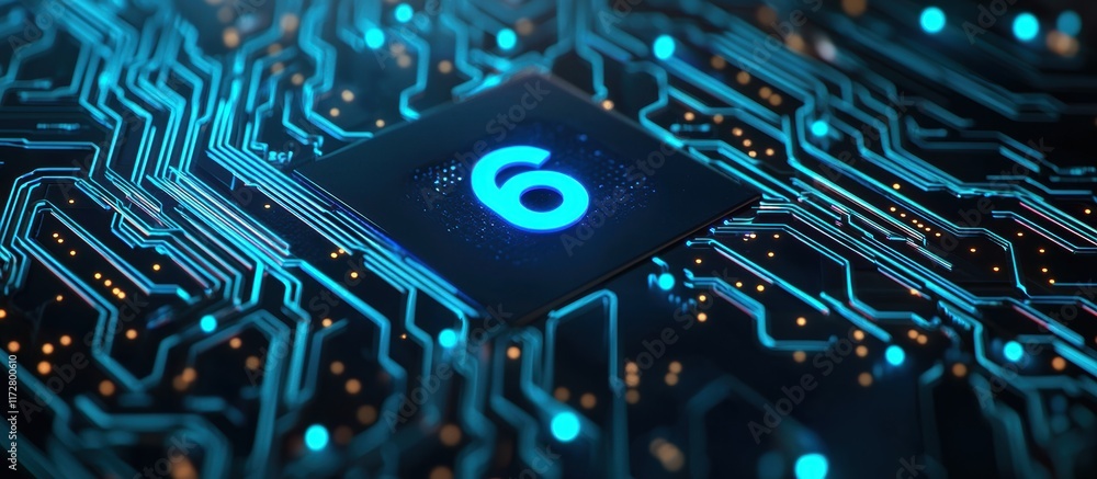 Poster close-up view of circuit board with illuminated number six symbol