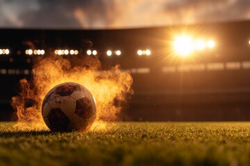 Fototapeta premium Soccer ball ignites on field under dramatic sunset and stadium lights
