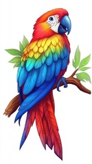 Obraz premium A colorful parrot perched on a branch, showcasing vibrant feathers and tropical leaves.