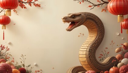 Obraz premium Lucky Symbols: Wooden Snake and Red Lantern on Brown Background for Chinese New Year Celebration