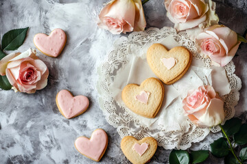 Delicate heart shaped cookies and pink roses arranged on a textured surface, creating a romantic scene for valentine's day or a special occasion