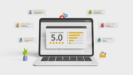 5 stars rating, quality service review, product or service rating, excellence customer feedback, online user experience. 5 stars rating with customer comments on 3D laptop screen