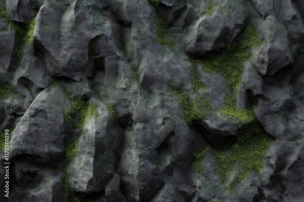 Poster close up view of a dark rock surface with moss growing in crevices, creating a textured and natural 